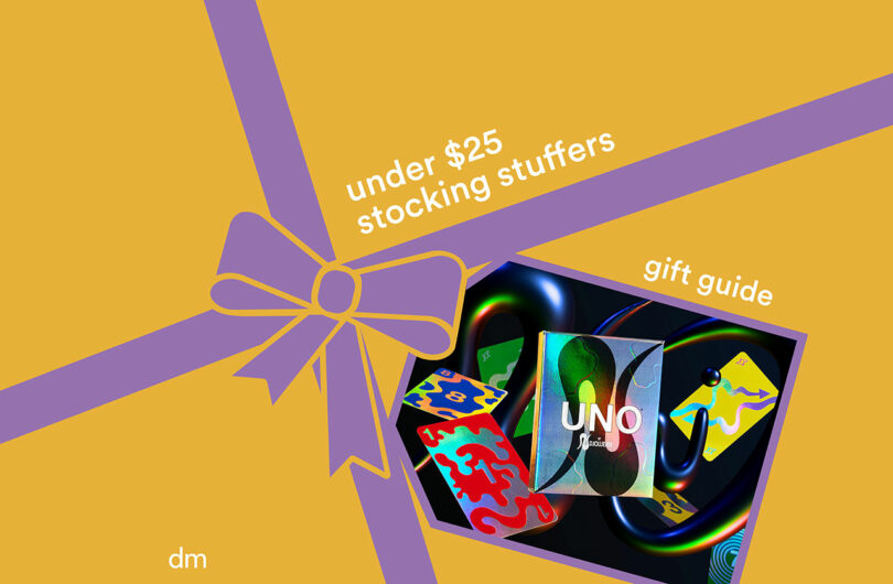 A yellow background with a purple ribbon graphic, featuring a box of UNO cards and the text