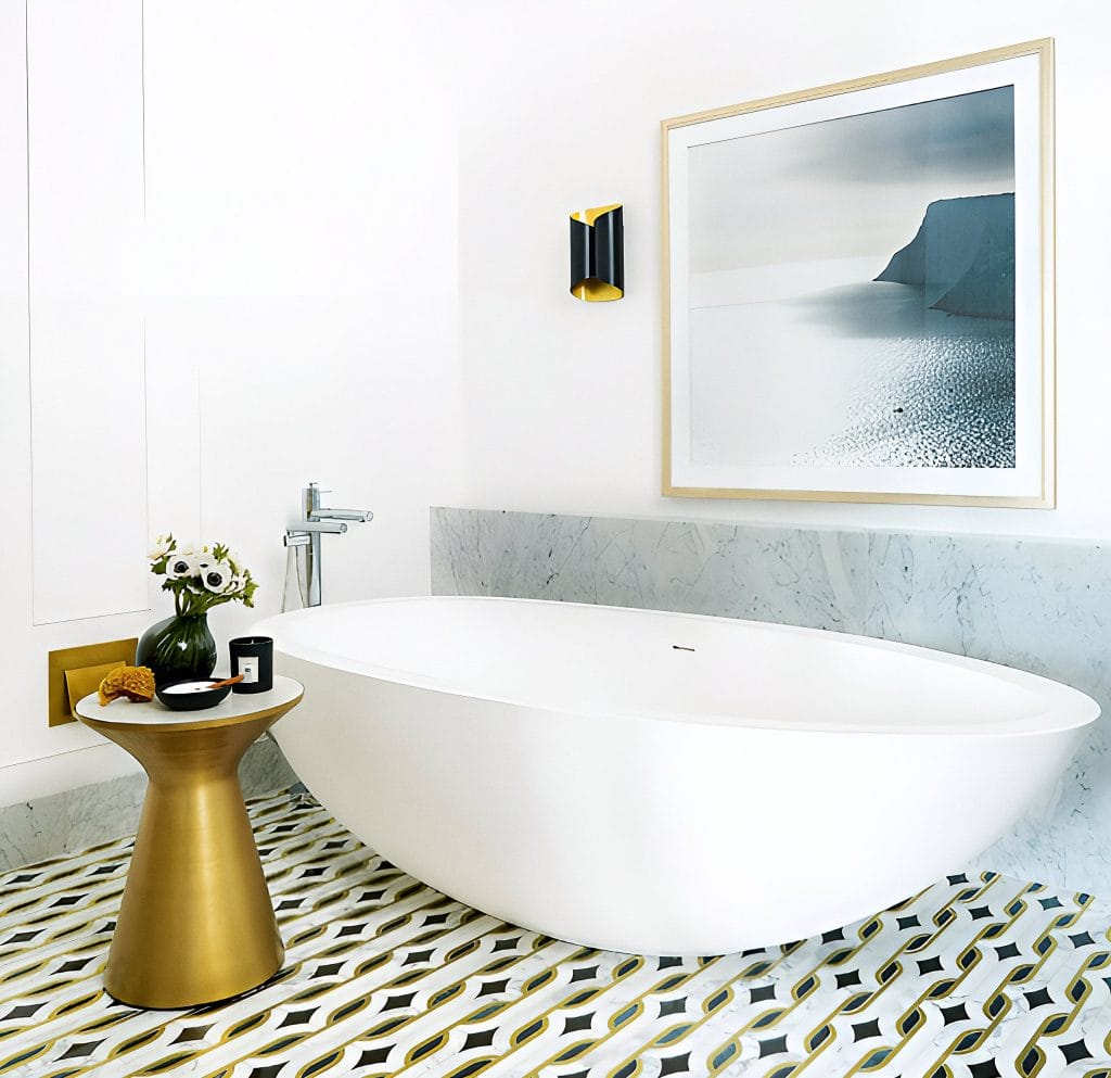 Modern glam trending bathroom floor tile by DECORILLA designer, Kimberly W.