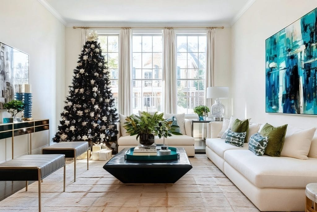 Luxury living room with a decorated black christmas tree by Decorilla