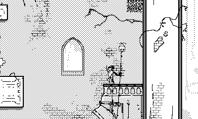 A pixel art scene of a character in a ruined building, standing by a railing near a window on their Playdate, with cracked walls and debris visible.