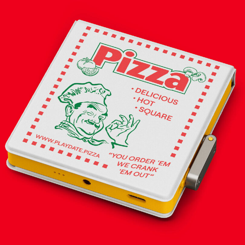 A white, square device resembling a pizza box with