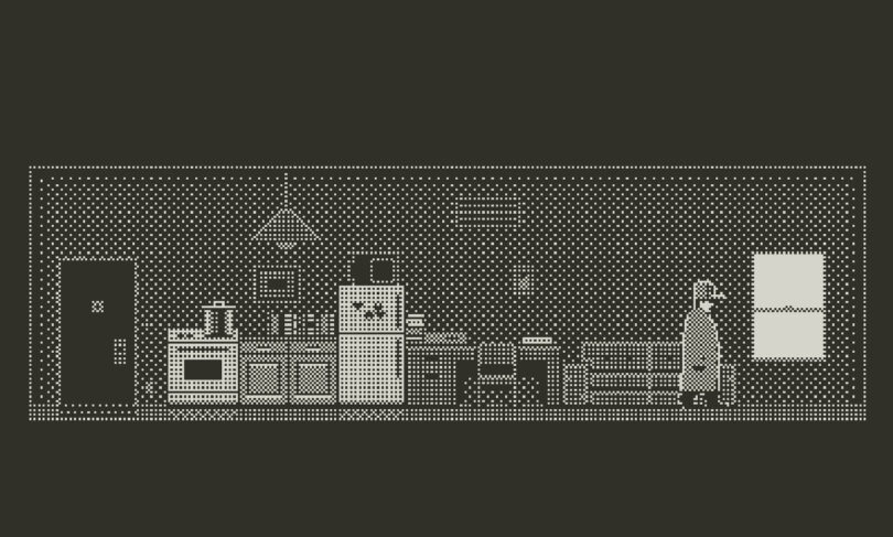 A pixel art kitchen and living area with a figure in a coat and hat standing by a window; appliances and furniture are visible.