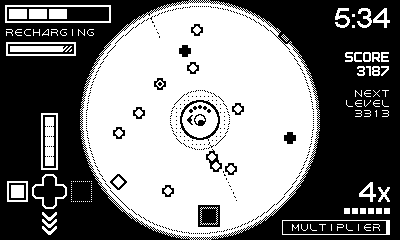 A black-and-white Playdate video game interface featuring a circular play area with geometric shapes, scores, timer, and on-screen controls.
