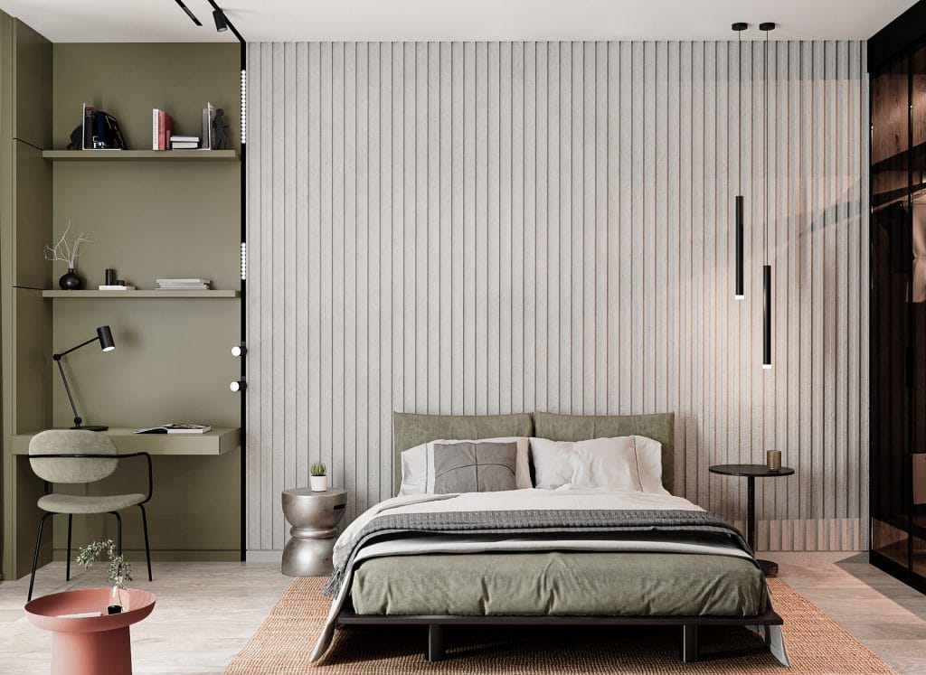 Modern bedroom with Valspar color of the year 2026 by DECORILLA designer Armine