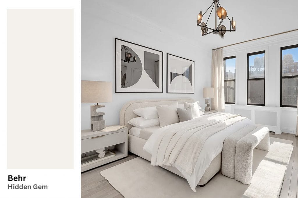 Pantone Cloud Dancer Color of the Year in a bedroom by Decorilla designer, Leanna S_