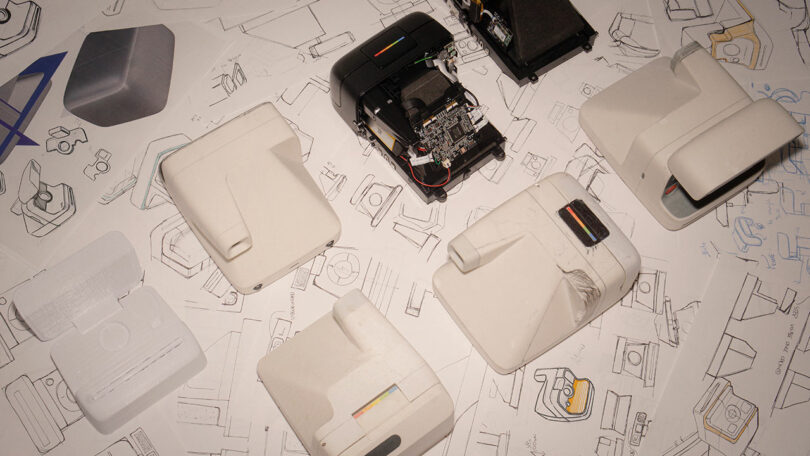 Several plastic prototype casings and an open electronic device are arranged on top of technical sketches and design drawings.