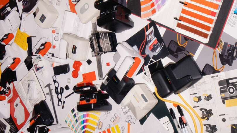 A cluttered workspace with disassembled cameras, color swatches, design sketches, printed instructions, and assorted tools scattered across the surface.