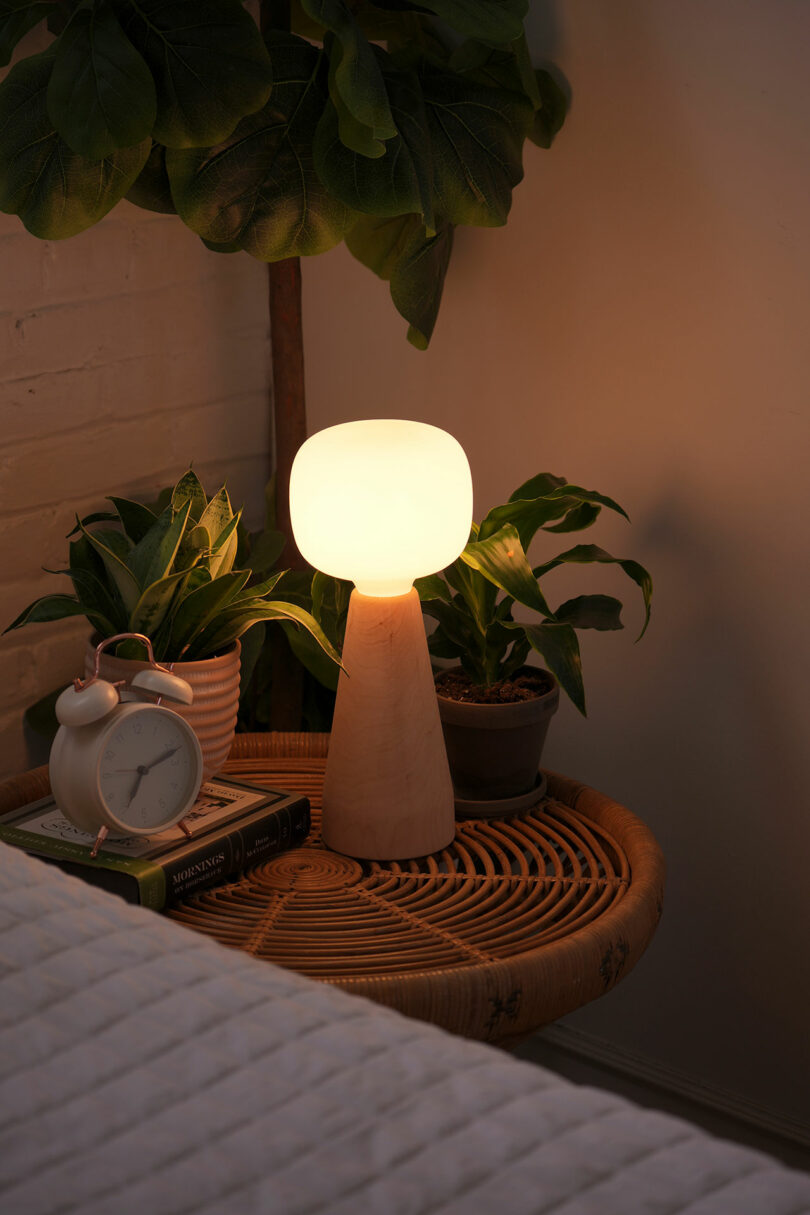 A lit Soltech lamp on a wooden nightstand is surrounded by potted plants, an alarm clock, and books next to a bed.