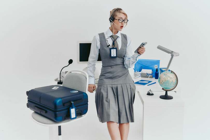 A woman in a gray uniform with a headset stands by a desk with a suitcase, computer, globe, and various office supplies in a white room.