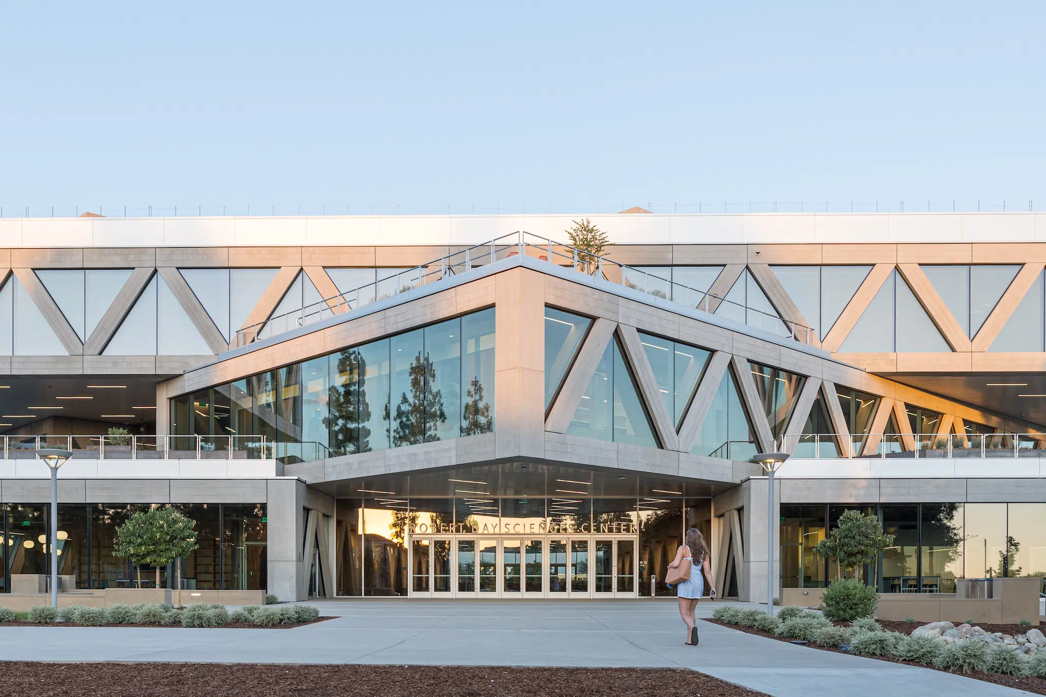 Exterior shot of the Claremont McKenna Robert Day Sciences Center, designed by Bjarke Ingels