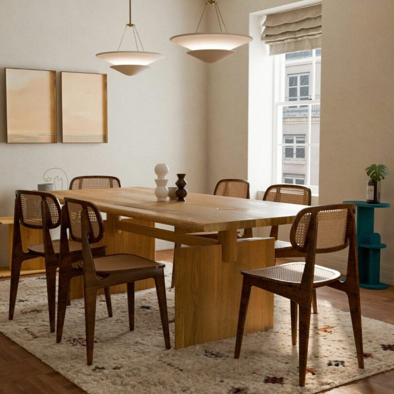 A dining room with a wooden table, six chairs, modern pendant lights, a patterned rug, wall art, and a window with a Roman shade