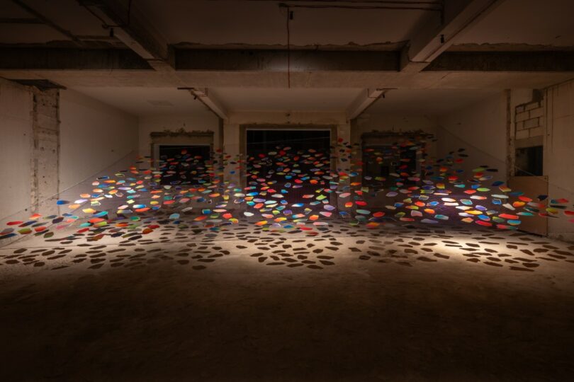 Colorful, leaf-shaped pieces are suspended by strings in an abandoned, unfinished room, casting intricate shadows on the concrete floor under dramatic lighting