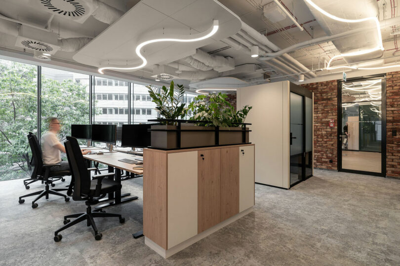 Modern open-plan office with large windows, desks with computers, indoor plants, exposed ceilings, and one person from BIT CREATIVE working at a desk.