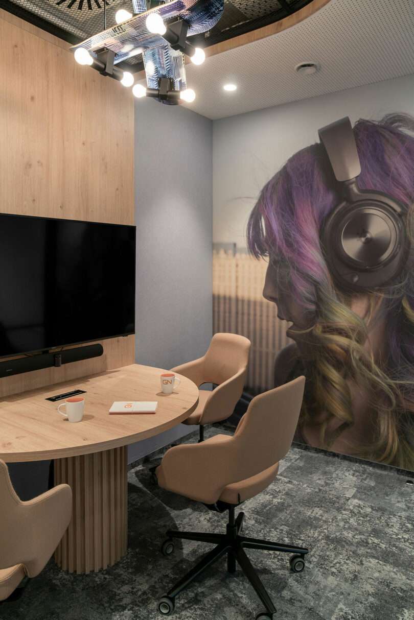 Modern meeting room with beige chairs, a round wooden table, a wall-mounted TV, and a large mural of a person with colorful hair wearing headphones on the far wall adds a BIT CREATIVE touch to the space.