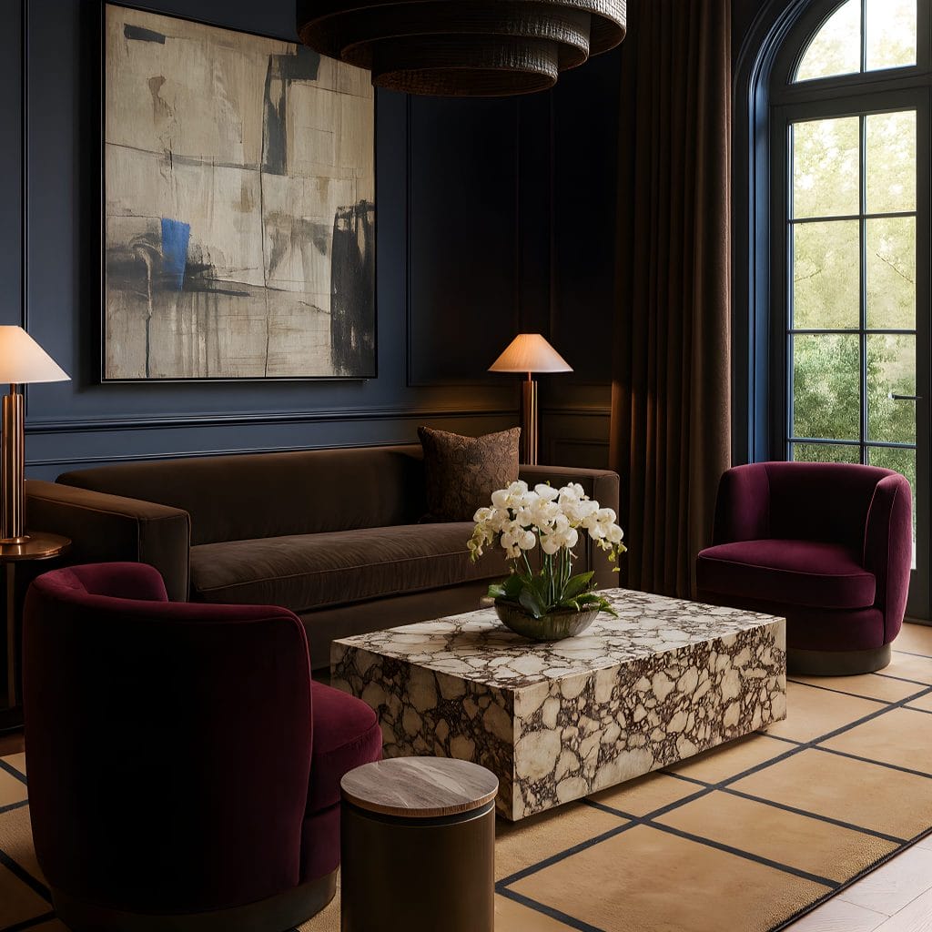 Moody eclectic living room interior by one of the top Decorilla designers, Marya W.