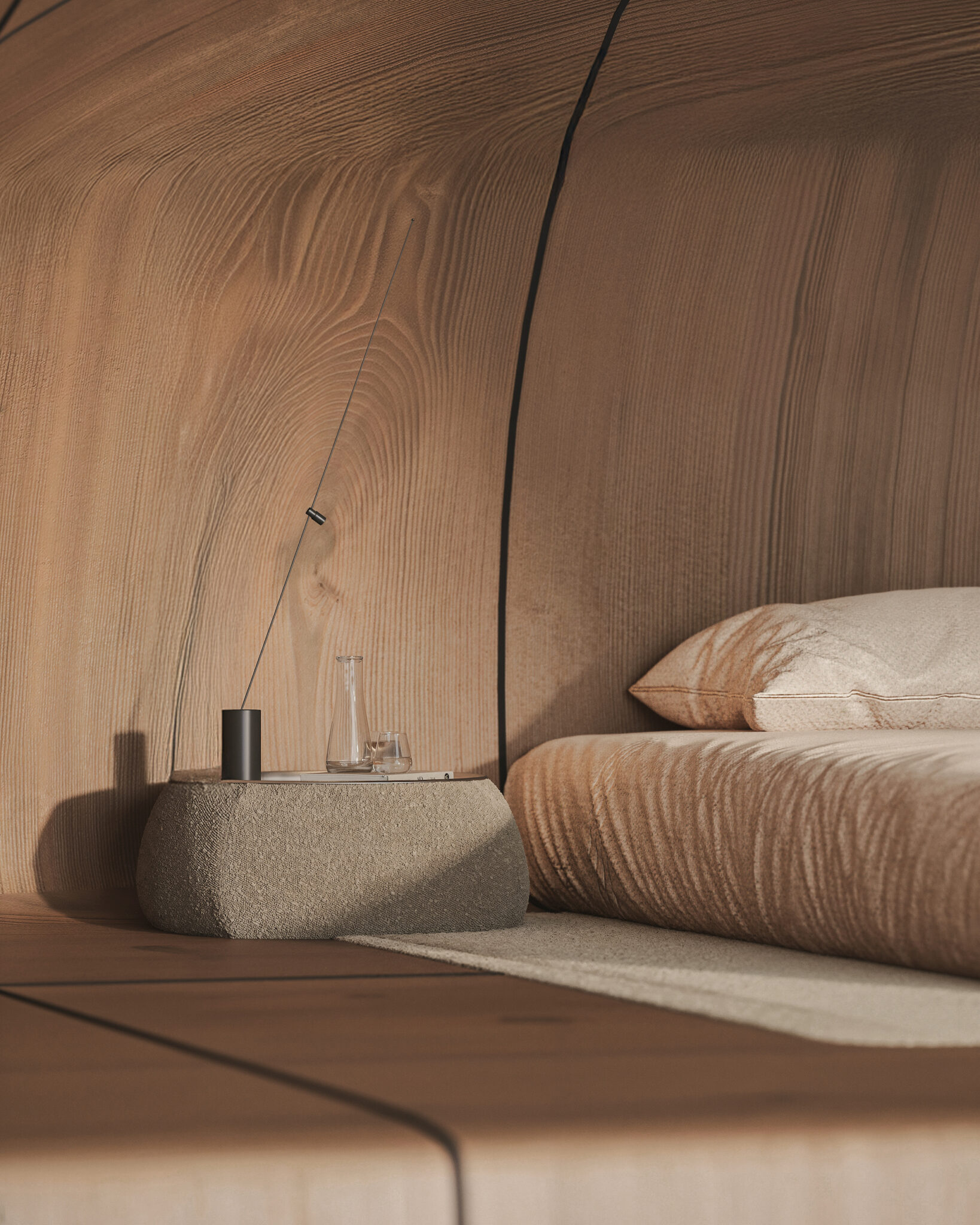 Interior visualization of the AltiHut Cottage in the Georgian mountains, designed by STIPFOLD