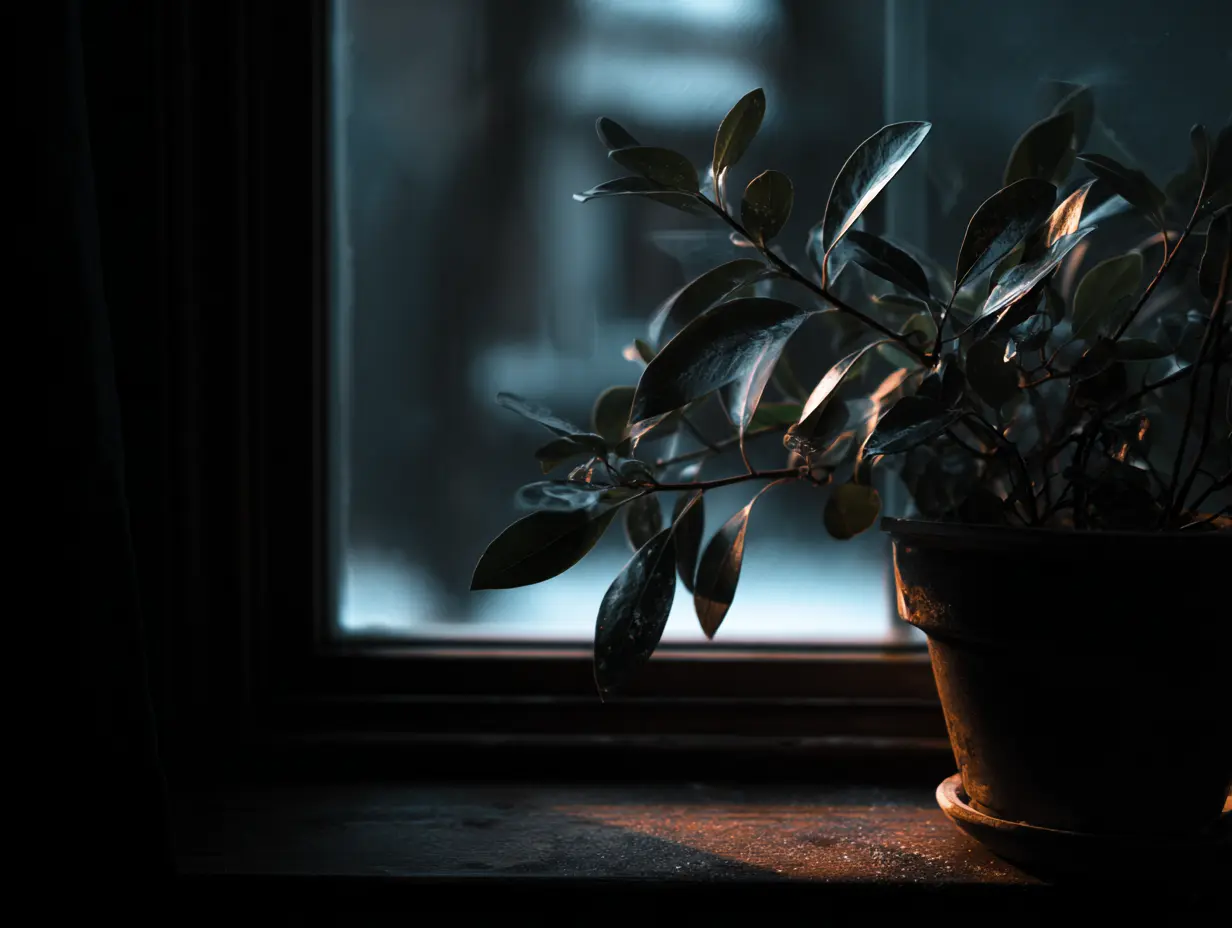 An image of a small plant in a small pot kept on a window sill during winter.