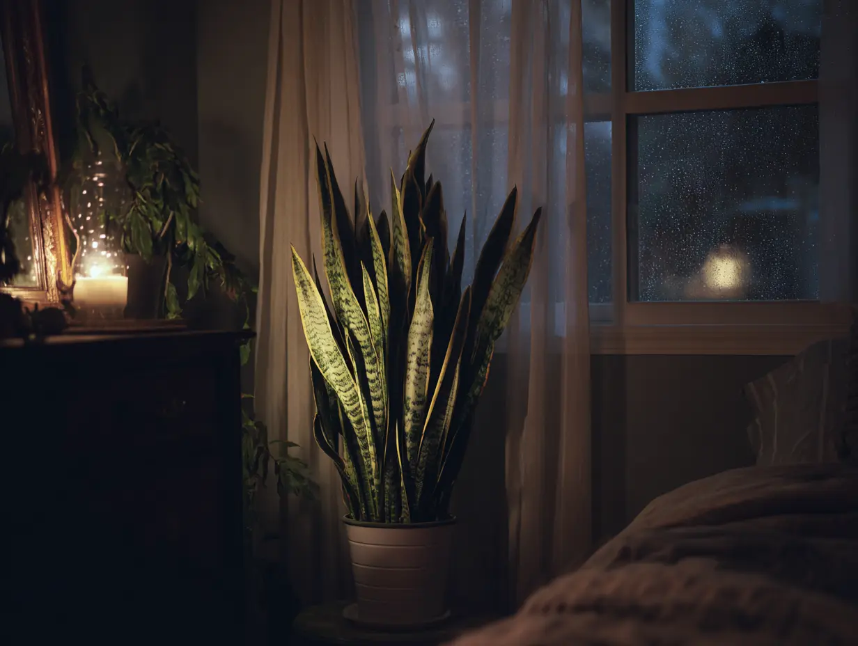 An image of a Snake Plant kept in the corner of a bedroom at night during winter.
