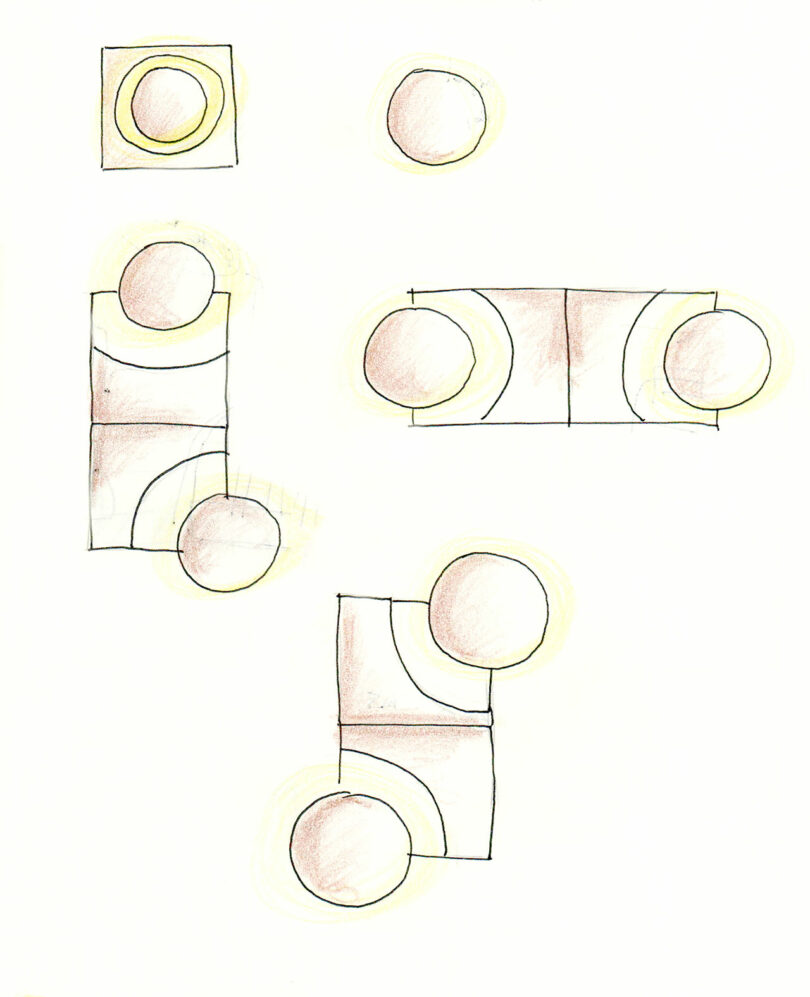 A sketch of circles and squares, some overlapping and some separate, outlined in black with light shading and yellow highlights.
