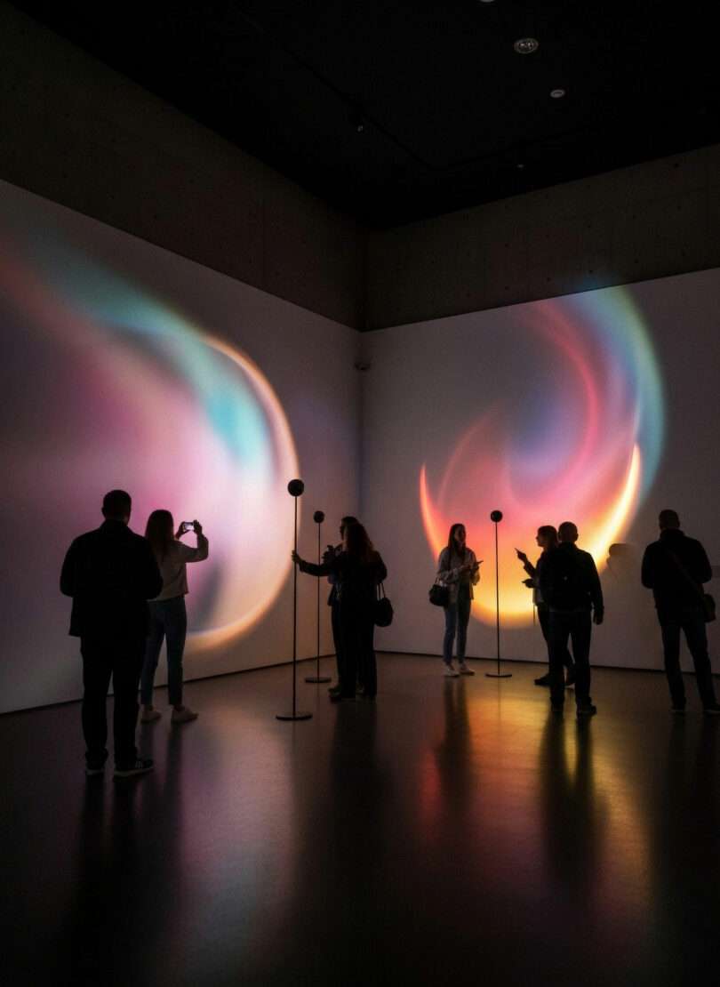 People stand in a dimly lit room observing colorful, abstract light projections on the walls and interacting with vertical poles.