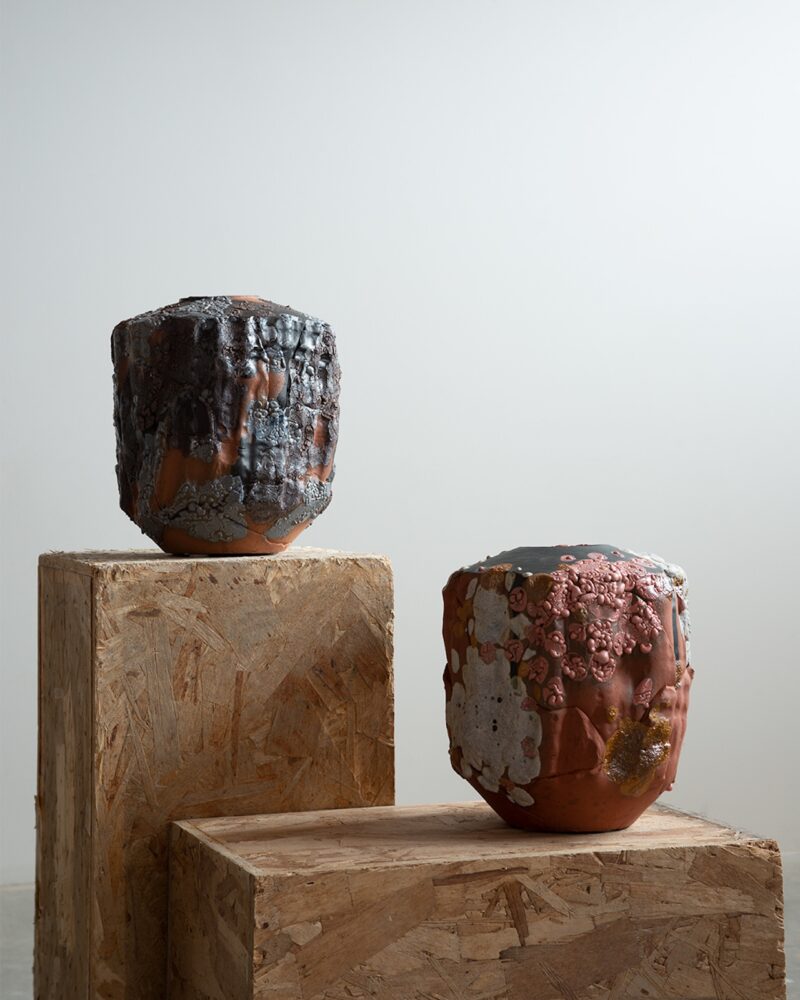 Two textured ceramic vases with irregular surfaces, one dark and one reddish, are displayed on wooden plinths against a plain, light gray background.