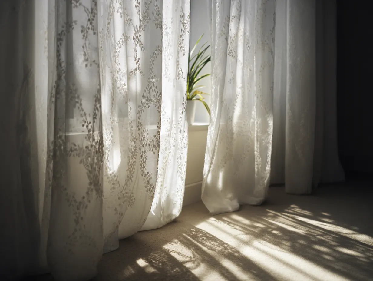 An image of eyelet curtains in a bedroom.