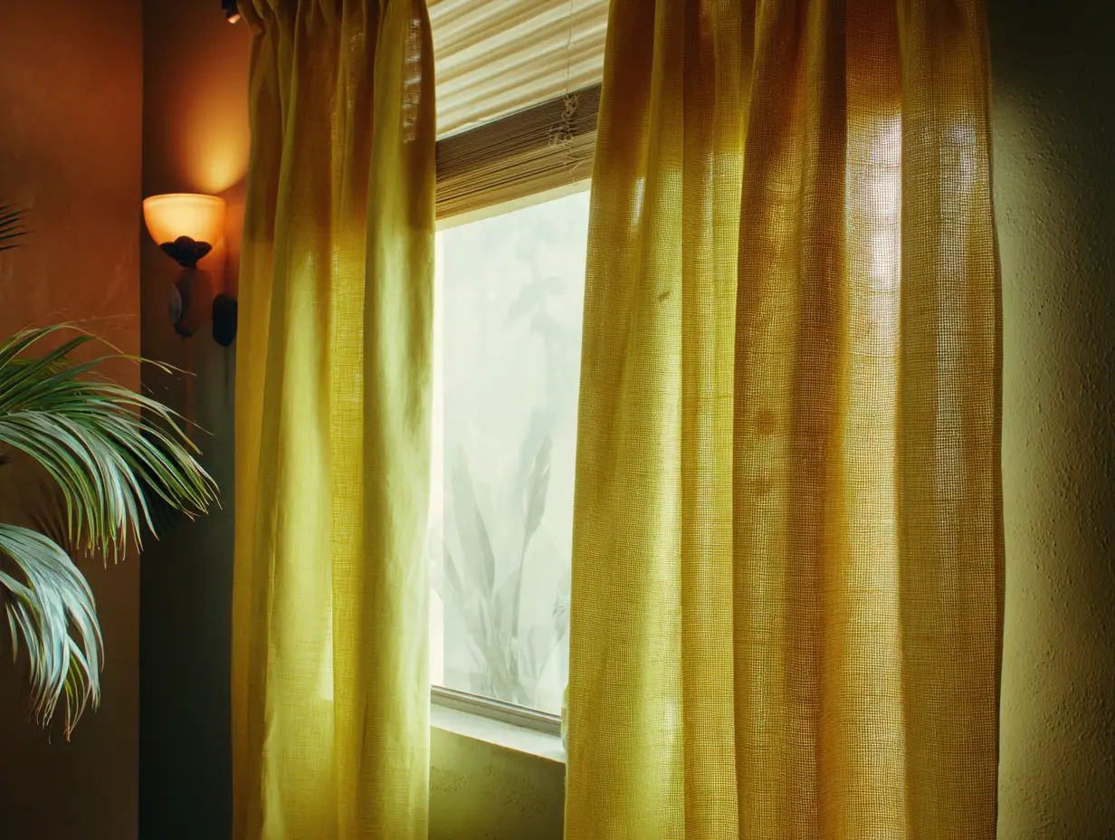 A shot of yellow open eyelet curtains.