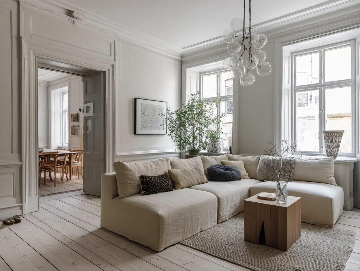 An image of a danish living room that supports living through hygge. 
