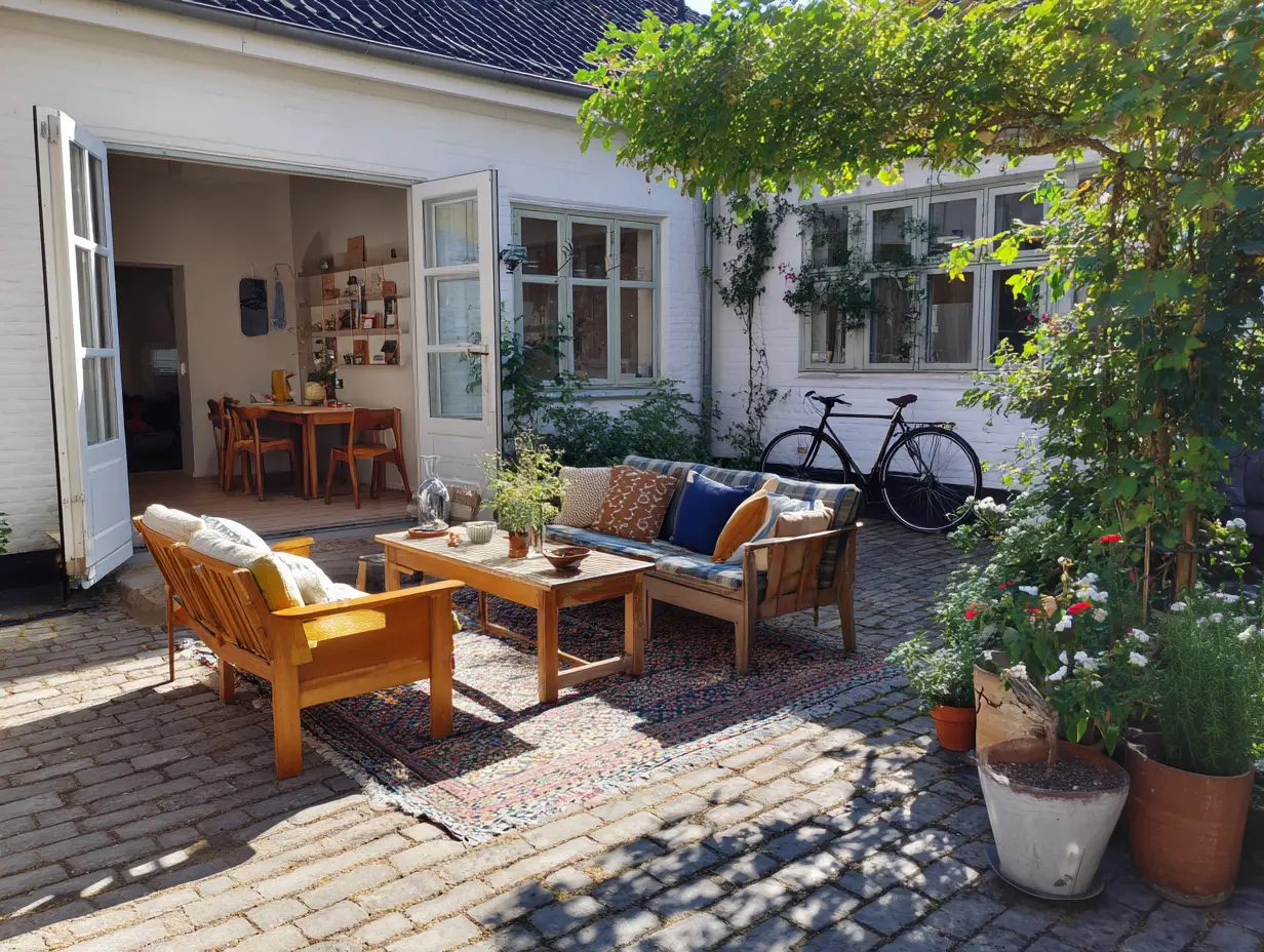 An image of a Danish home's sitting area outside their home during summer.