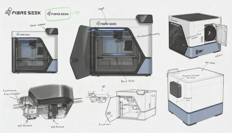 A series of technical sketches and renderings show various angles and labeled components of the 3D printer named FibreSeeker.