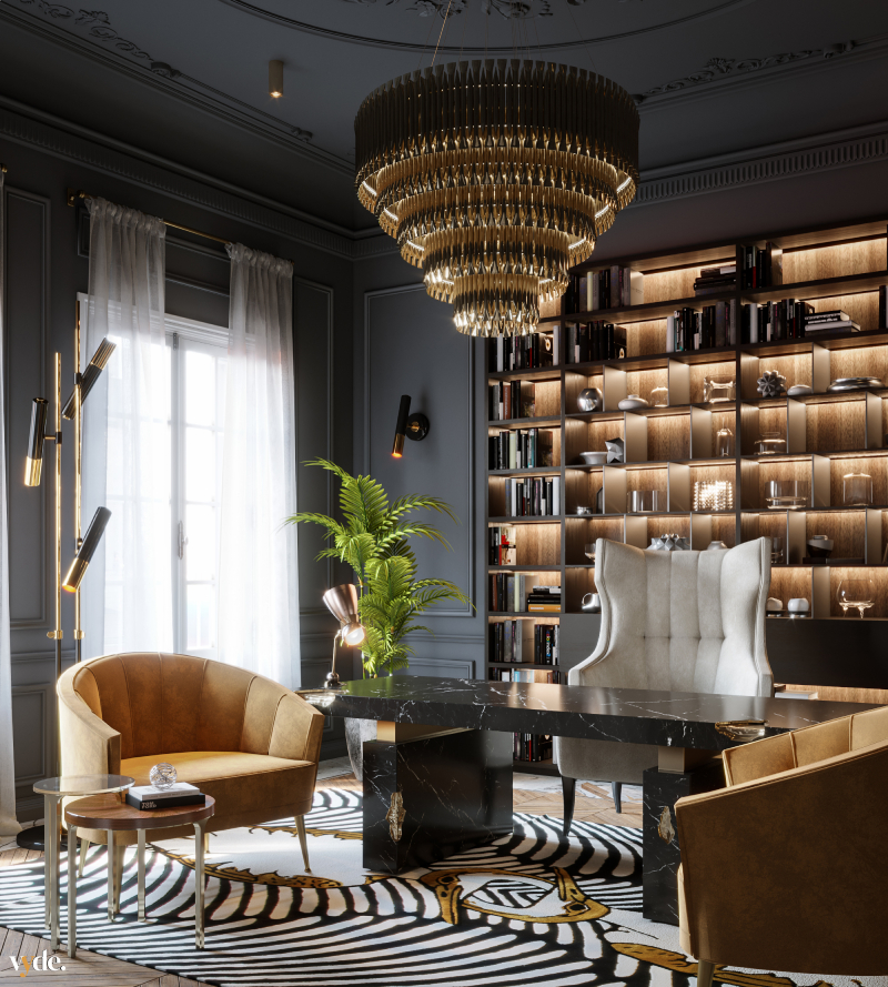 Sophisticated executive home office with charcoal gray wainscoting, a large black marble desk, a bold zebra-print area rug, and an oversized tiered brass chandelier illuminating golden velvet armchairs.
