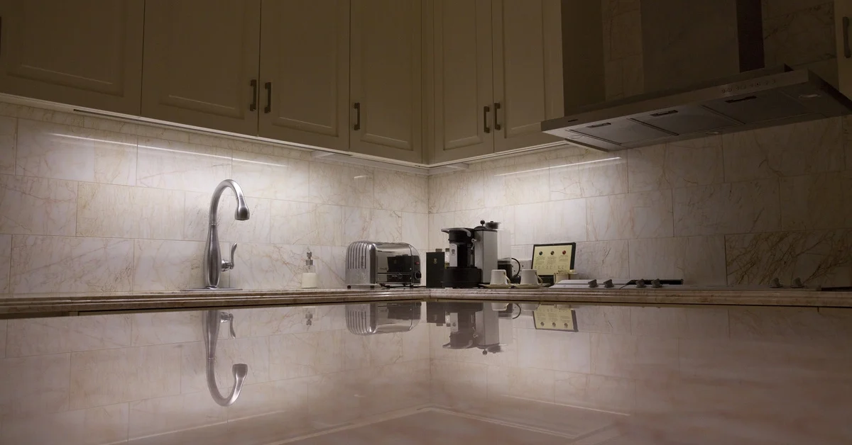 Soft lighting in the kitchen.