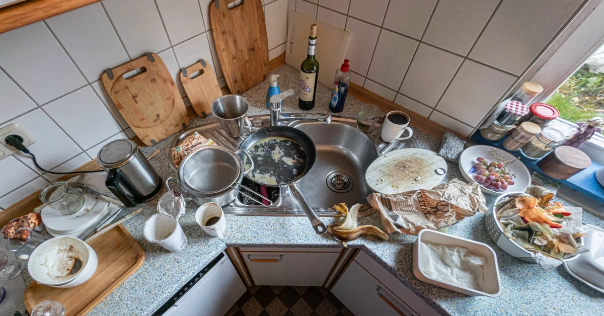 View of an untidy kitchen.