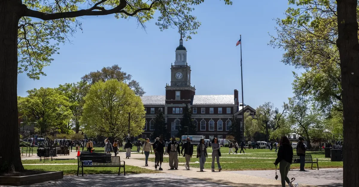 Students walk through the campus of Howard University on April 17, 2025 in Washington, D.C.