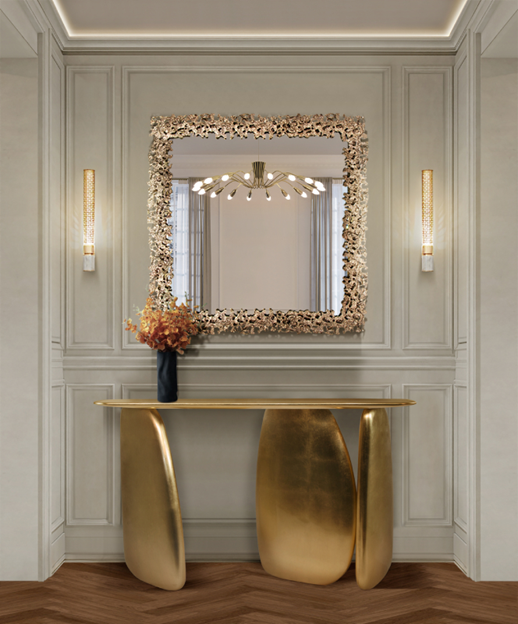Ardara console table by BRABBU with gold leaf gloss finish, modern dolmen-inspired accent console for luxurious contemporary interiors – Salone del Mobile 2026.