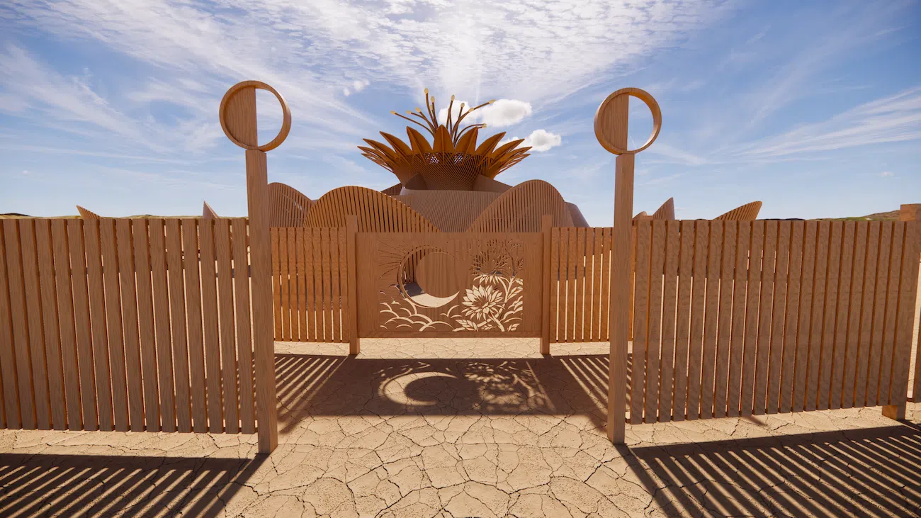 Temple of the Moon at Burning Man 2026 with petal-shaped timber walls and central flower structure.