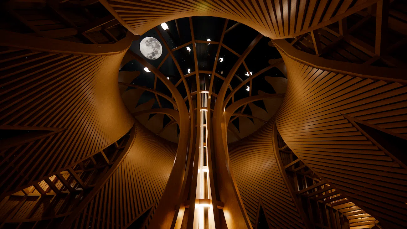 Temple of the Moon at Burning Man 2026 with petal-shaped timber walls and central flower structure.