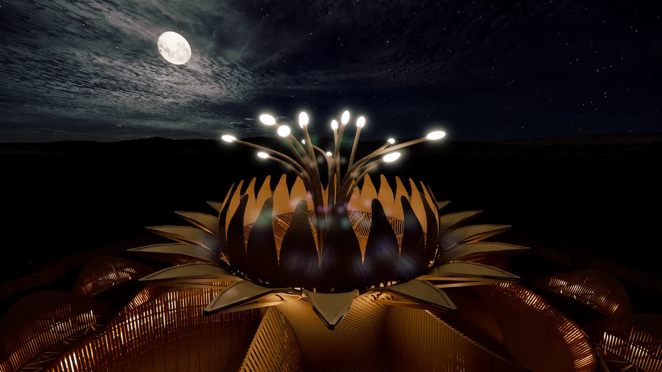 Temple of the Moon at Burning Man 2026 with petal-shaped timber walls and central flower structure at night.