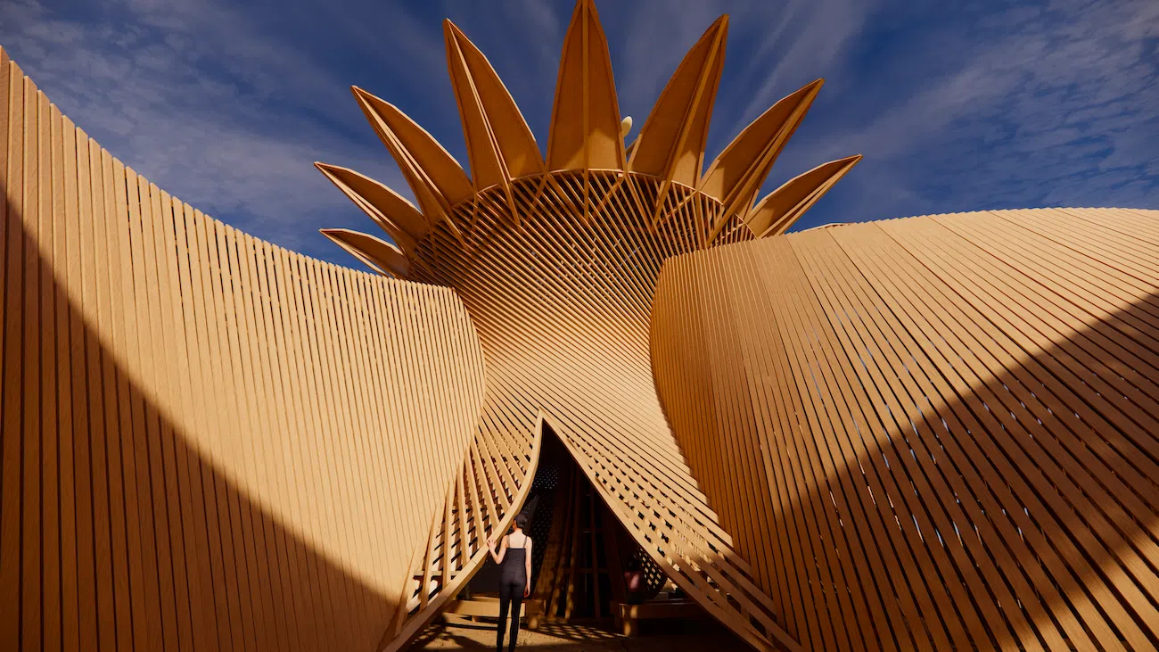 Temple of the Moon at Burning Man 2026 with petal-shaped timber walls and central flower structure.