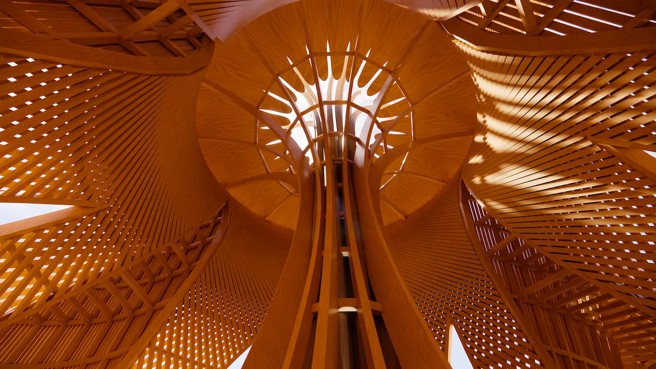 Temple of the Moon at Burning Man 2026 with petal-shaped timber walls and central flower structure.