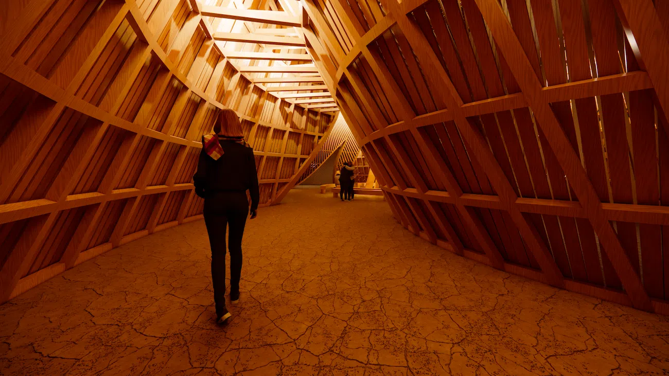 Temple of the Moon at Burning Man 2026 with petal-shaped timber walls and central flower structure.
