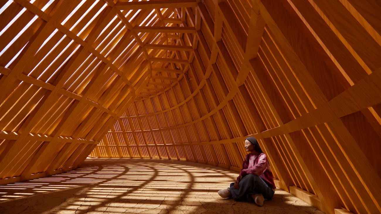 Temple of the Moon at Burning Man 2026 with petal-shaped timber walls and central flower structure.