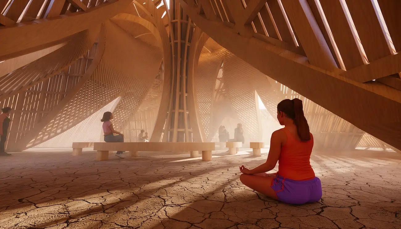 Temple of the Moon at Burning Man 2026 with petal-shaped timber walls and central flower structure.