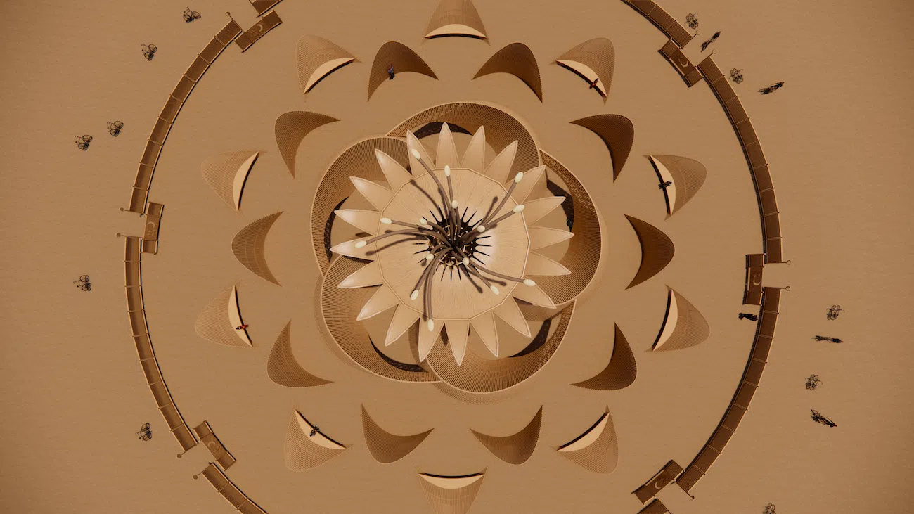 Temple of the Moon at Burning Man 2026 with petal-shaped timber walls and central flower structure.