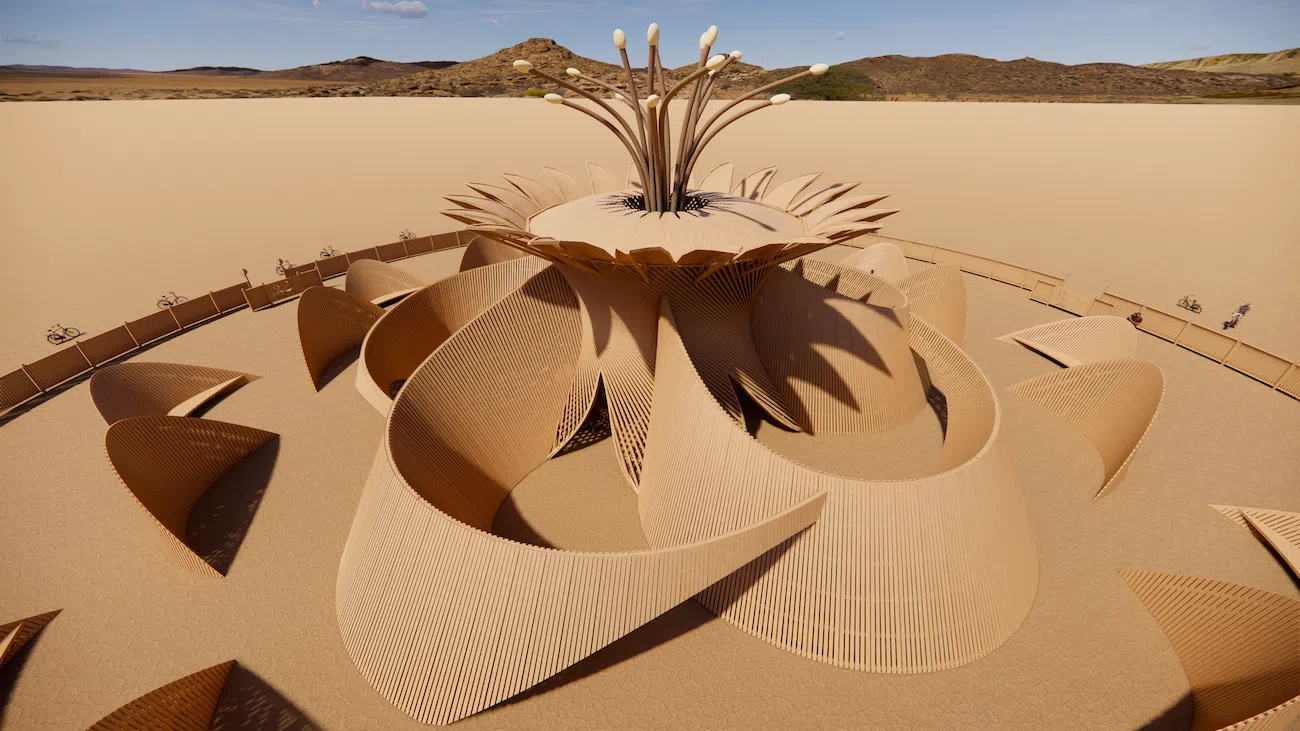 Temple of the Moon at Burning Man 2026 with petal-shaped timber walls and central flower structure.