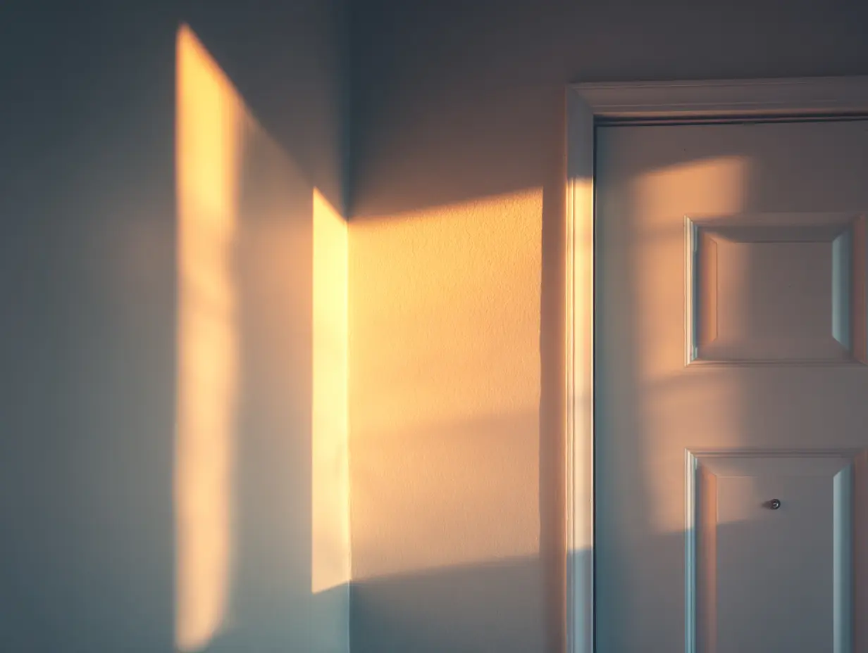 An image of sunlight reflecting off of a white wall and door.