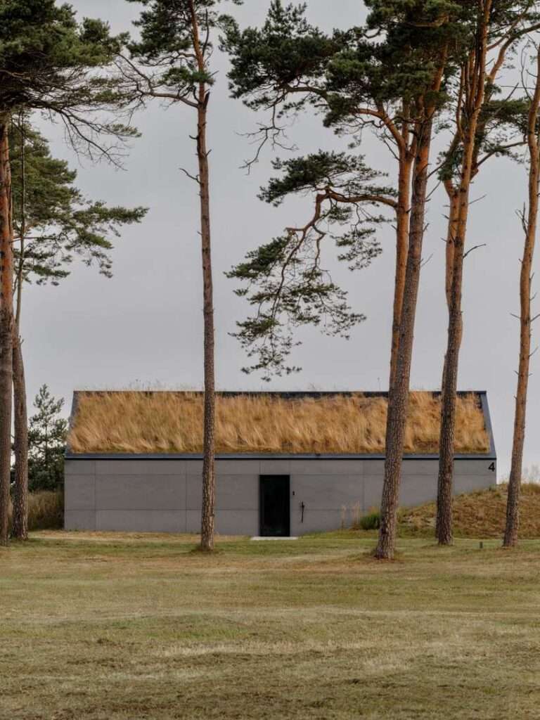 grass-covered seaside family home repurposes abandoned soviet military bunkers in latvia