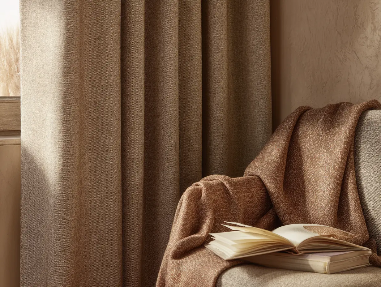 A close-up of a cozy reading nook featuring warm neutral tones, soft bone-colored walls, muted clay and greige textiles, heavy linen curtains, a wool throw draped over a chair.