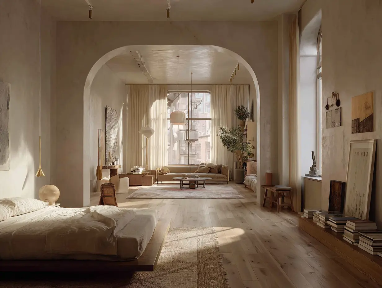 A wide shot of a modern European flat, 2026 interior design trend, "The Calmer Interior," editing and softening, wide open space.