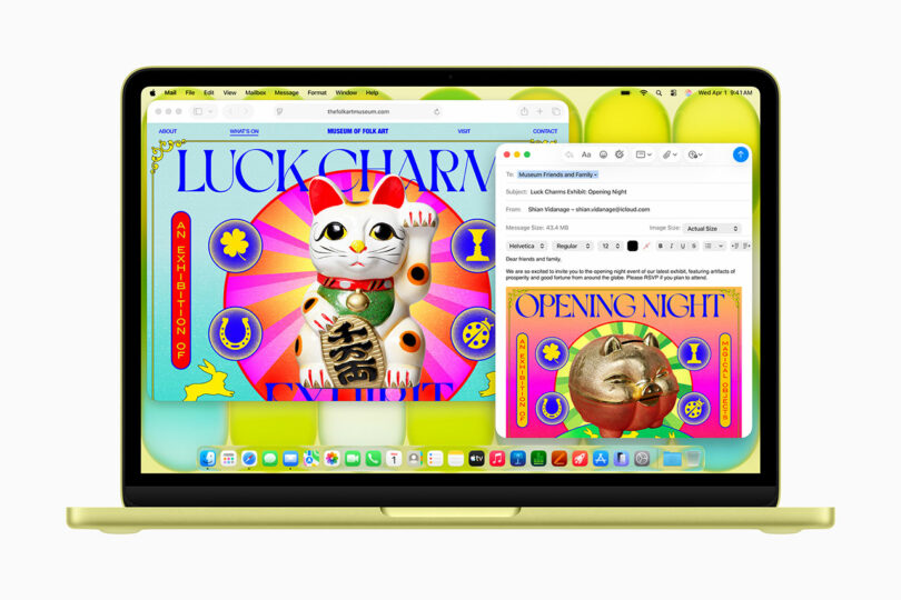 A sleek Apple laptop screen displays a colorful website with a lucky cat illustration and an email window open, overlapping another graphic of a gold cat with the text 